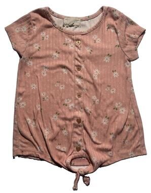 Btween Girls Size 6 Pink Floral Ribbed Tie Front Button Accent Short Sleeve Top
